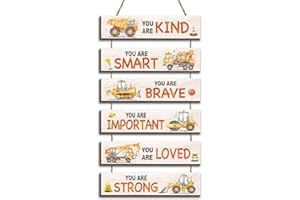 HIWERAN 6 Pcs Construction Truck Decor Kids Room Decor, Construction Truck Positive Quotes Wall Art Decor Hanging Plaque Sign for Teens Bedroom Toddler Room, Works of art Made of Wood, Placards of Wood