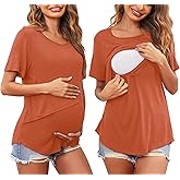 Ekouaer Women Short Sleeve Nursing Shirts Soft Maternity Tops Double Layer Breastfeeding Blouse Round Neck Pregnancy Clothes