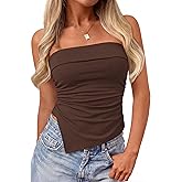 PRETTYGARDEN Going Out Tube Tops for Women Trendy Summer 2026 Asymmetrical Ruched Strapless Bandeau Shirts Spring Clothes