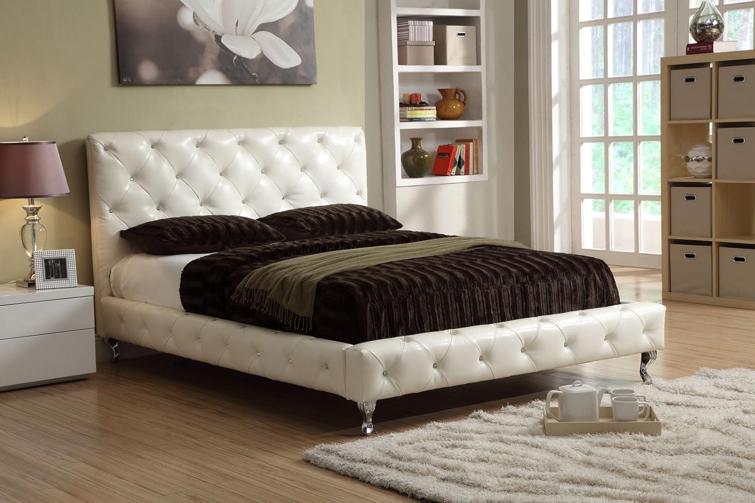 White Platform Bed Diamond Crystal Tufting Queen