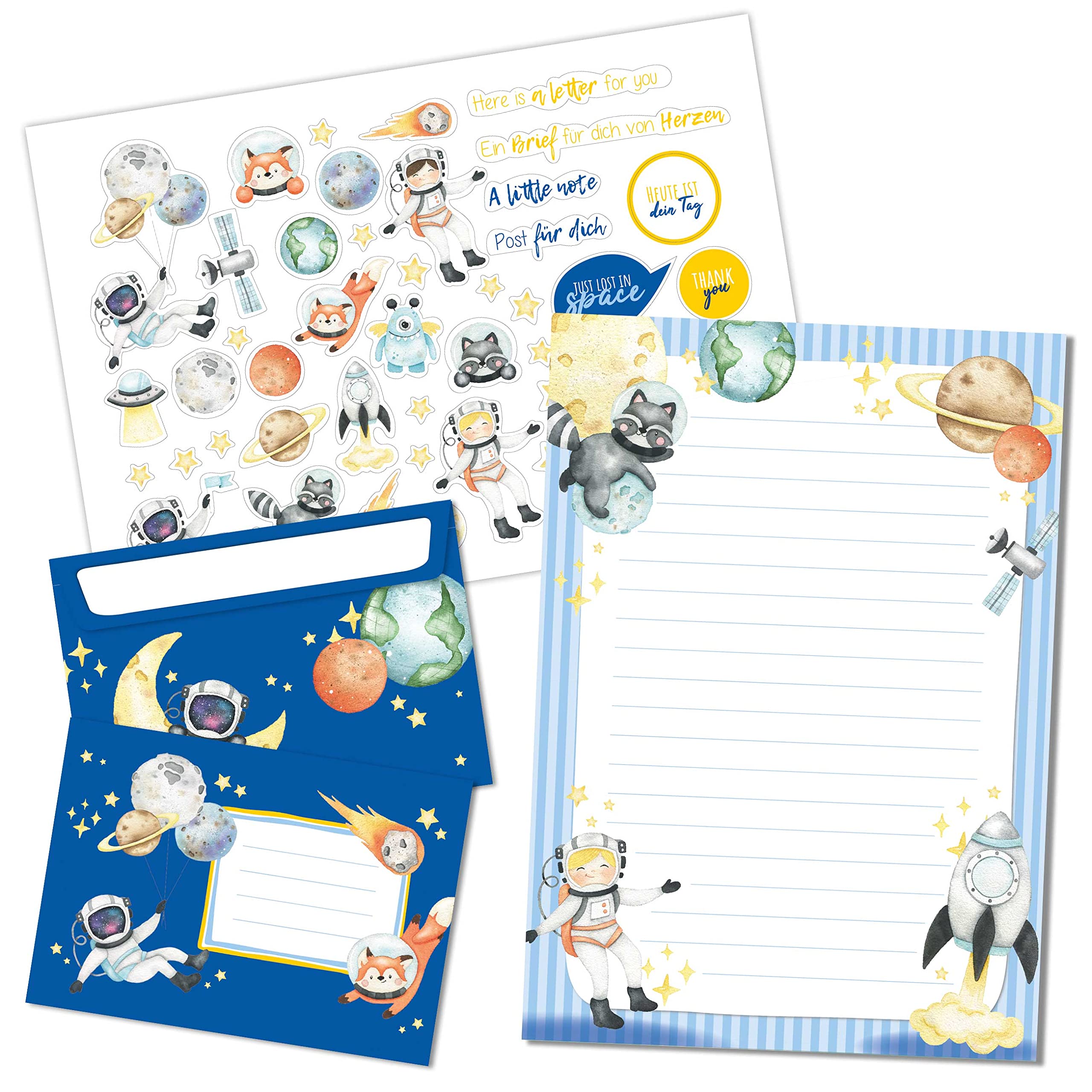 Papierdrachen Letter Pad Set, 50 Astronauts Printed Sheets, 20 Matching Envelopes, Sticker Sheet Writing Paper, Made in Germany — image 1