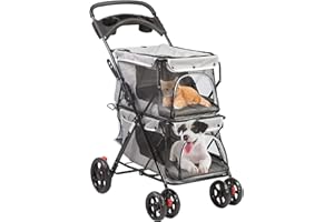LUCKYERMORE Double Pet Stroller for 2 Cats Dogs, 4 Wheels Foldable Cat Stroller, Dog Stroller for Small Medium Cats Dogs w/Cup Holders, Mesh Window and Soft Pad, Gray