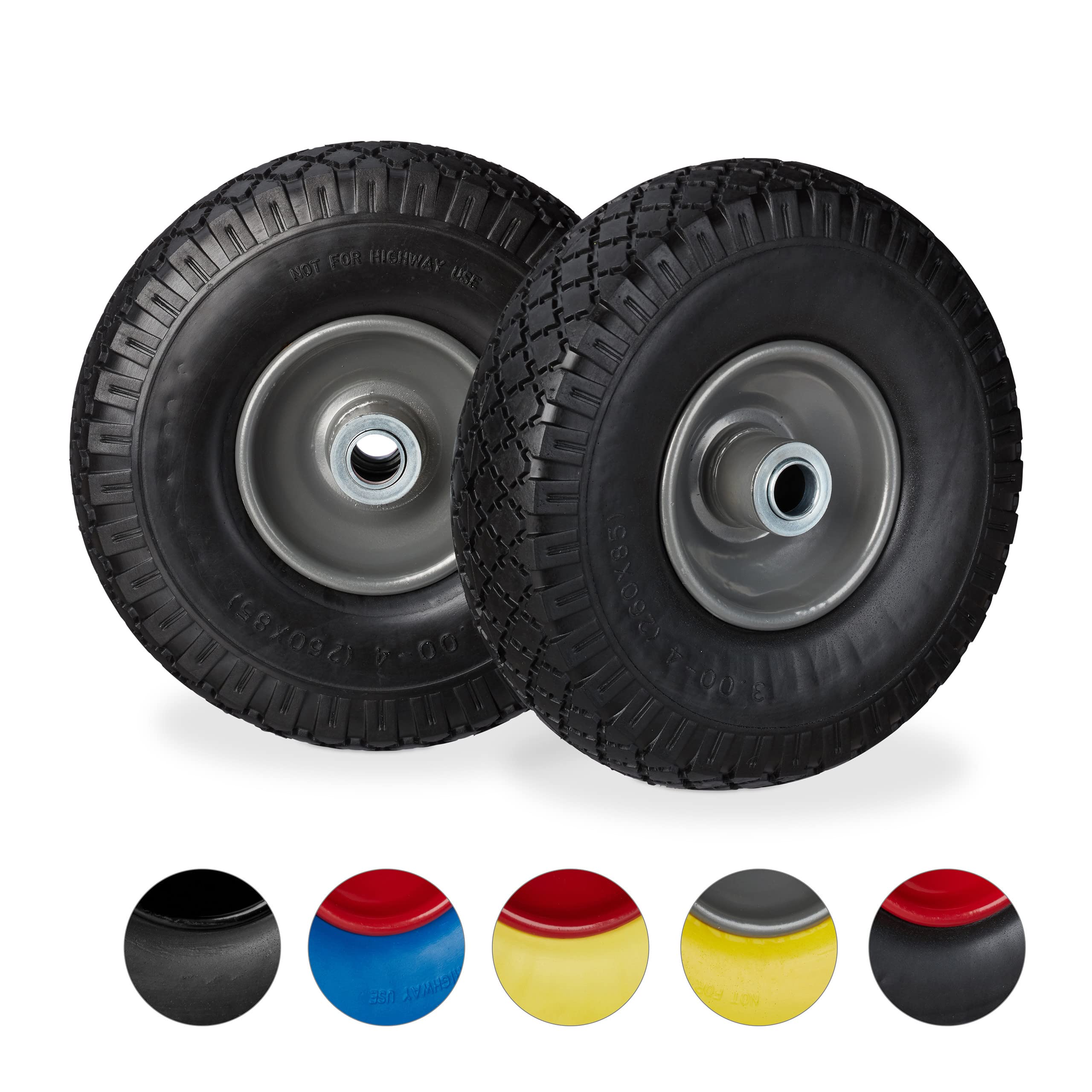 Relaxdays 2 x Hand Truck Tyre, Non-Flat Solid Rubber Wheels, 3.00-4”, 20mm Axle, 100 kg, 260 x 85 mm, Black-Gray