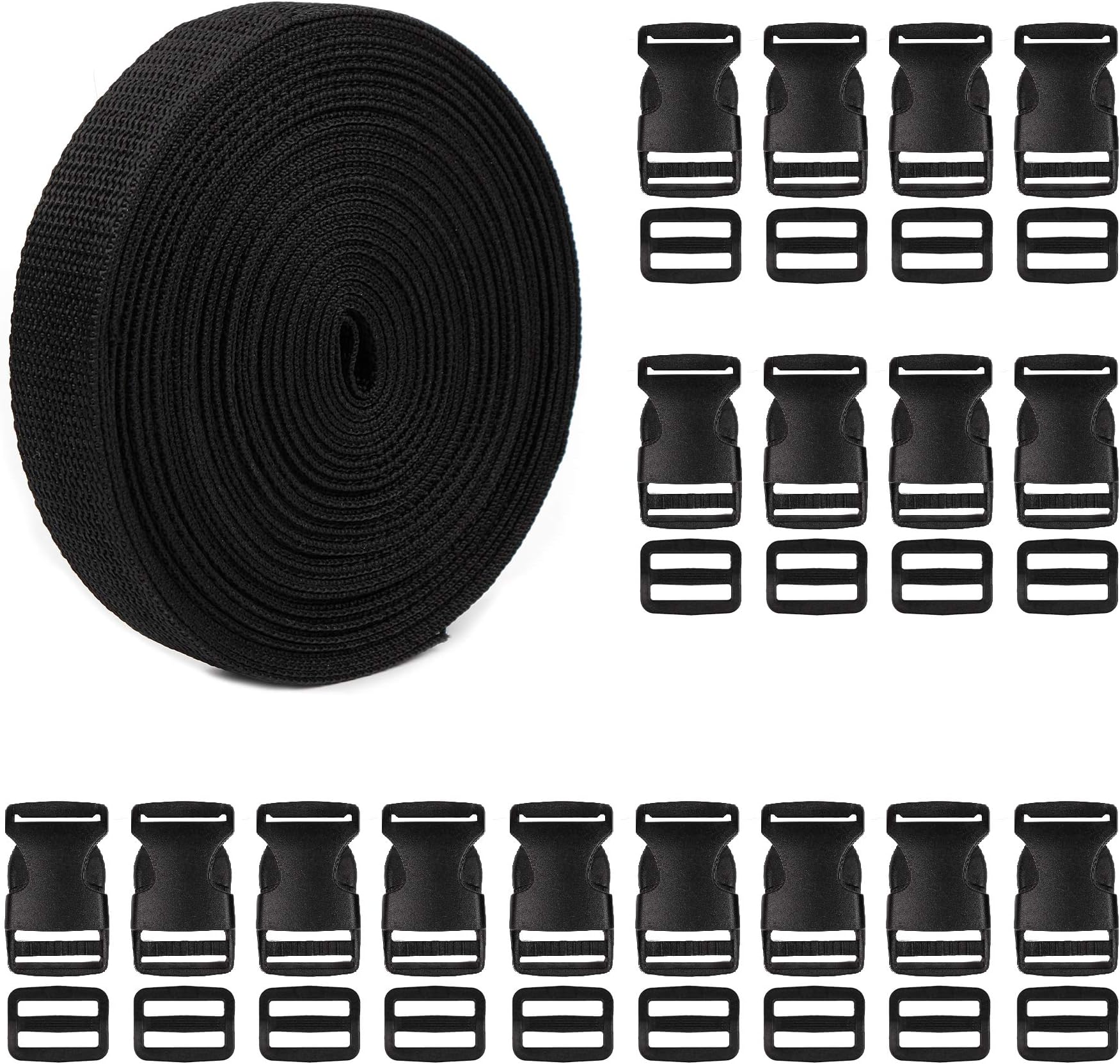 11 Yards Nylon Heavy Webbing Straps, 20 Sets Flat Side Release Buckles and Tri-Glide Slides for Backpack Webbing Tape Repairing DIY Luggage Strap Pet Collar(1 Inch Wide)
