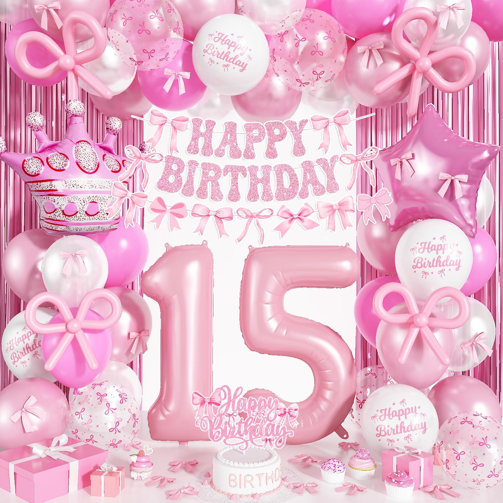 Photo 1 of 15th Pink Bow Birthday Decorations for Girls, Coquette Party Decor Include 40 Inch Foil Number 15 Crown Star Balloon Double Stuffed Balloon Pink Bows Cake Topper Happy Birthday Banner Fringe Curtain