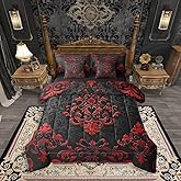 Erosebridal Black Red Gothic 7 Pcs Comforter Set Queen Size,Vintage Boho Damask Floral Bed in A Bag,Bohemian Exotic Goth Bedding for Kids Adults Victorian Baroque Flower Sheet Set
