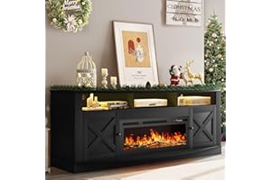 YITAHOME Farmhouse TV Stand with Fireplace for 75/80 Inch TVs, Entertainment Center with LED Lights for Living Room, 36” Electric Fireplace, Media Console with Barn Door Cabinet, Black