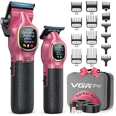 VGRPRO Professional Hair Clippers for Men, Professional Barber Clippers and Trimmer Set, Cordless Hair Clippers for Hair Cutting with Package Case, Powerful 9000 PRM Rechargable Electric (Pink)