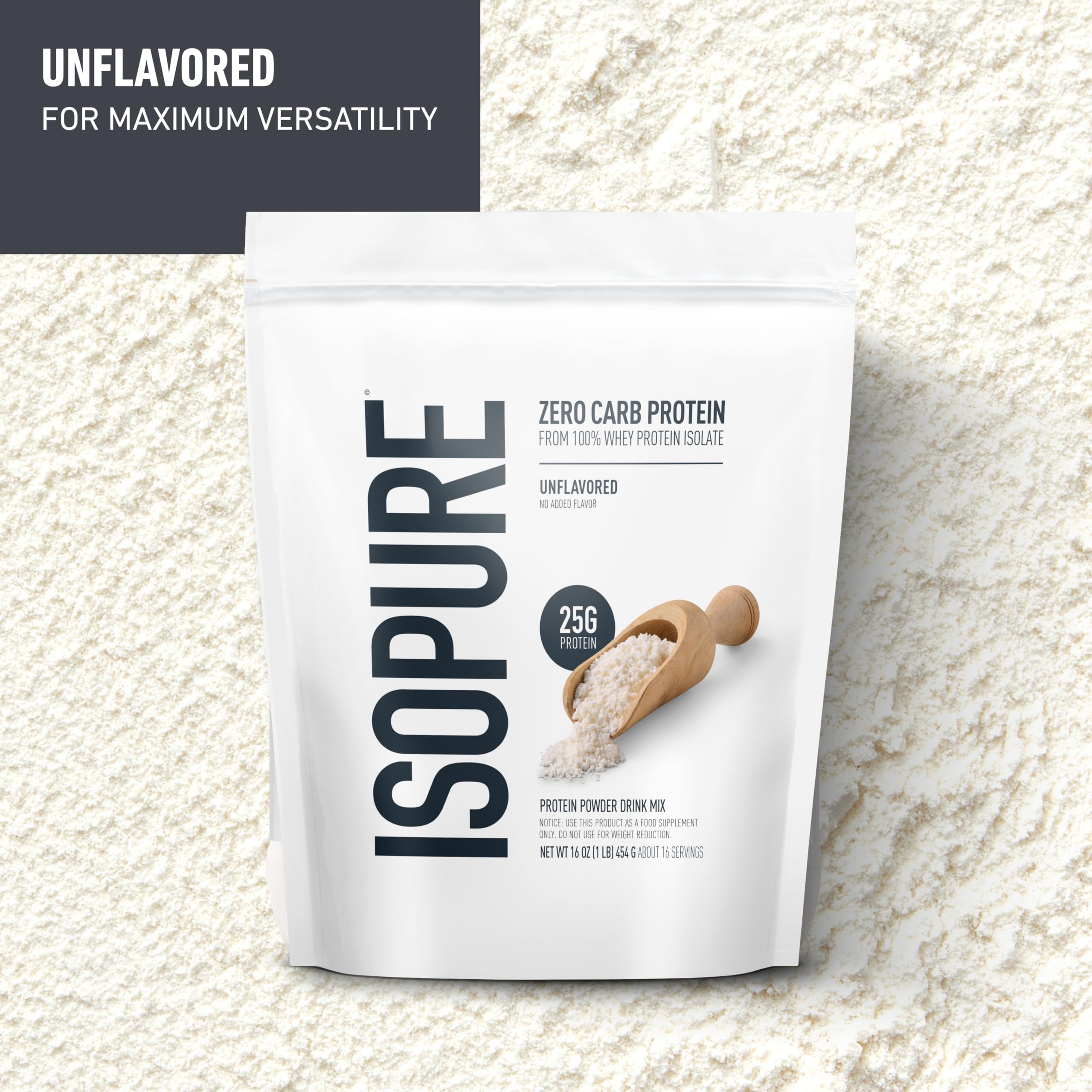Isopure Zero Carb 100% Pure Whey Isolate Protein Powder, Lactose Free, Gluten Free, with Vitamins, Unflavored, 25g Protein Per Serving, 1 Lb, 16 Servings (Packaging May Vary)