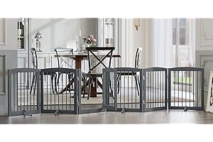 PUPETPO Freestanding Pet Gates with Walk Through Door, Dog Indoor Fence, Dog Gate for The House, Doorway, Stairs, Extra Wide Dog Gate, Support Feet Included, 120 Inch Wide, 6 Panels 24" Tall, Gray