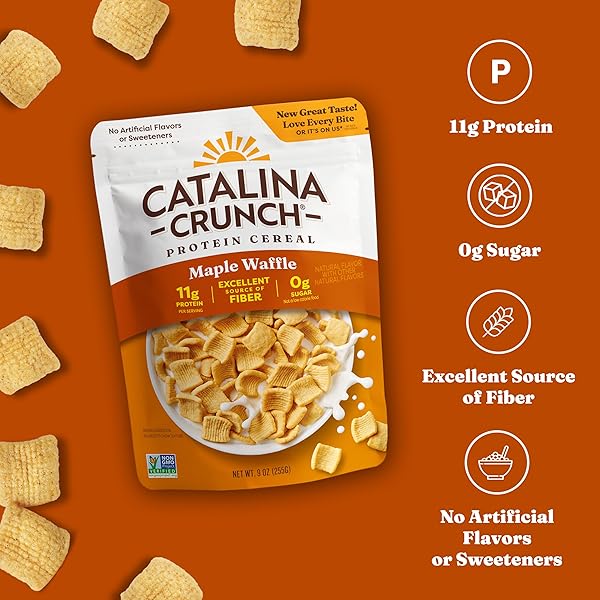 CATALINA CRUNCH PROTEIN CEREAL – SUGAR FREE BREAKFAST CEREAL WITH 11G OF PROTEIN – GLUTEN FREE – MAPLE WAFFLE – 9 OZ. BAG (PACK OF 1) (PACKAGING MAY VARY)