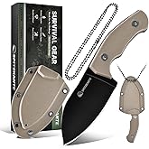 SPITZKANTE P-DA Neck Knife – EDC Fixed Blade Camping Knife with 2.8" 5Cr14MoV Stainless Steel, Sheath and Necklace, Khaki Handle for Tactical & Hiking