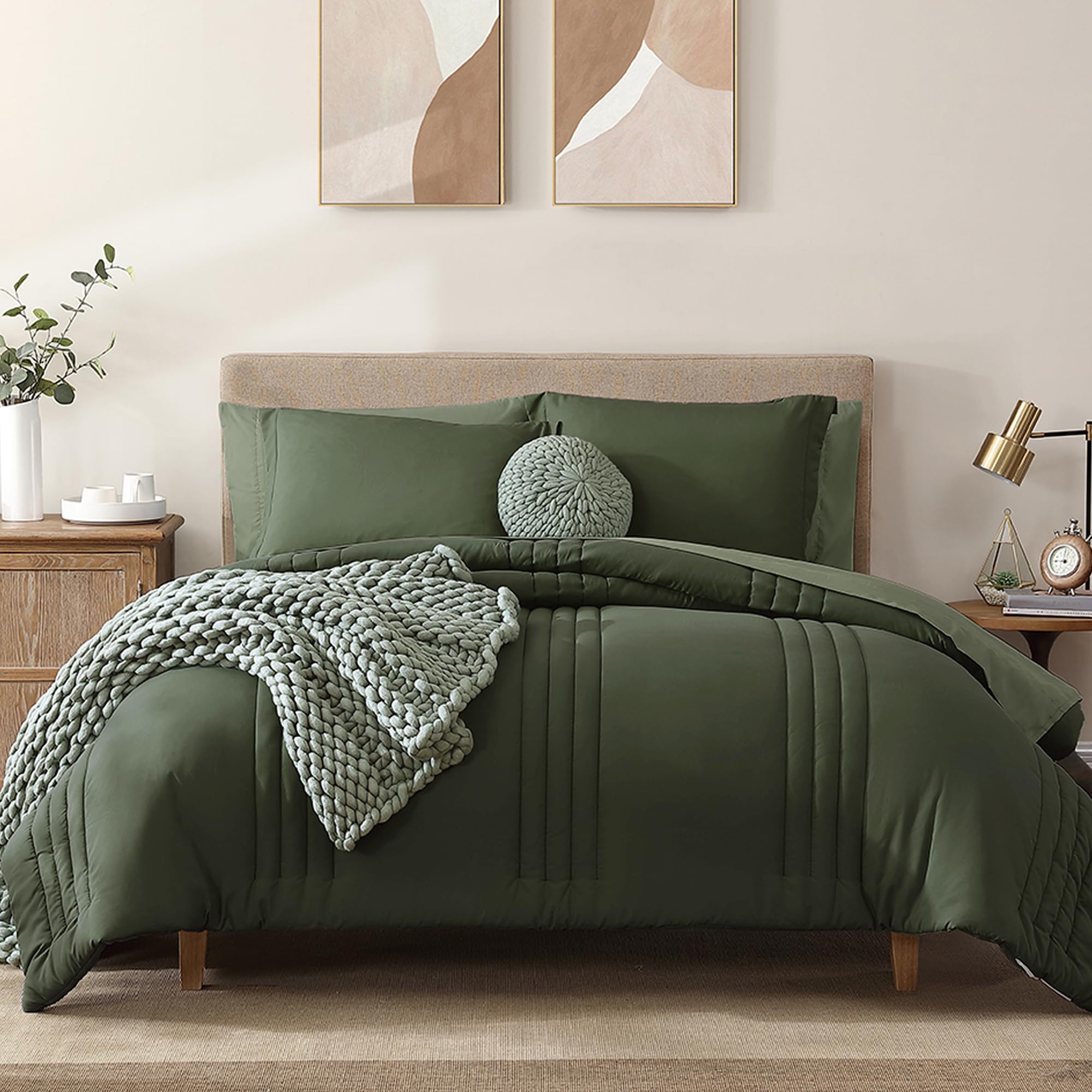 Photo 1 of **INCOMPLETE, USED** Monbix Full Comforter Set - Olive Green Bed in a Bag Full Size Bedding Sets with Comforters, All Seasons Down Alternative Comforter with Sheets, Pillowcases & Shams