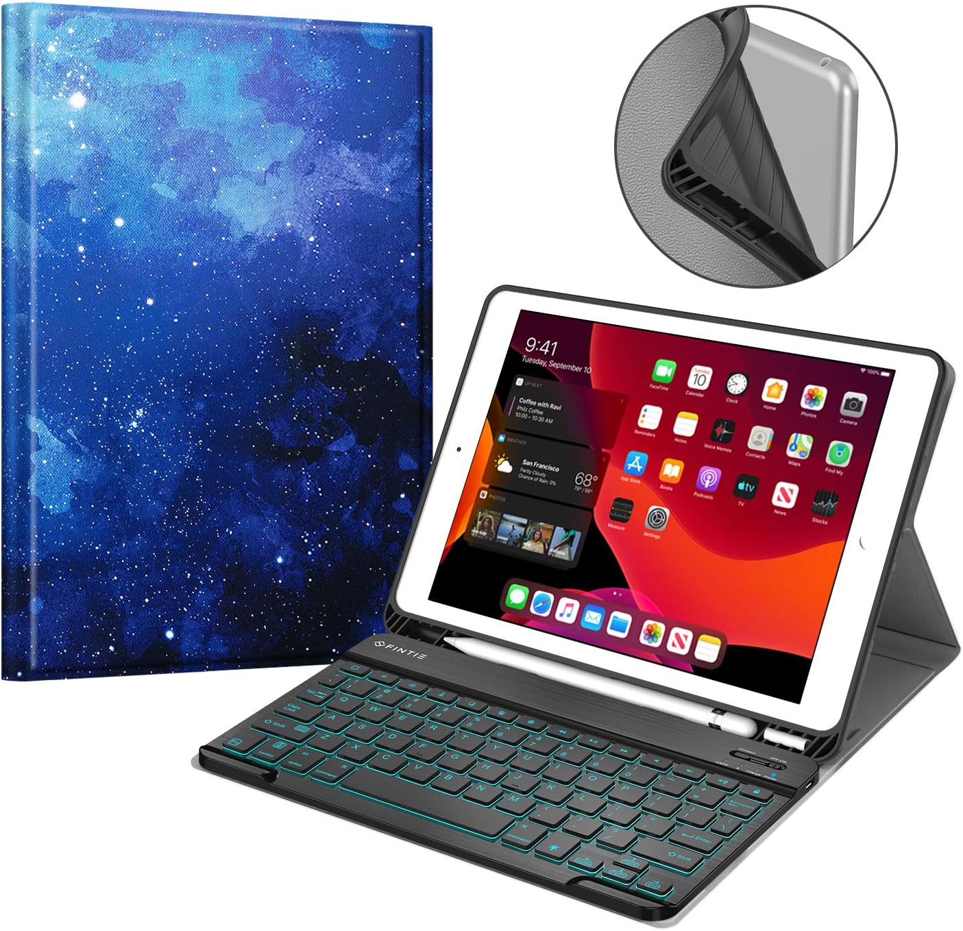 Fintie Keyboard Case for New iPad 7th Generation 10.2 Inch 2019, Soft TPU Back Cover with Pencil Holder, Magnetically Detachable Wireless Bluetooth Keyboard, 7 Color Backlight, Starry Sky