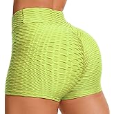 COLO Womens High Waisted Shorts Workout Yoga Tummy Control Ruched Butt Fitness Shorts Sport Workout Running Shorts Bottom Peach Butt Neon(S)