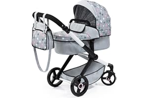 Bayer Design 17007AA Xeo Doll's Pram with Bag, Height-Adjustable Handle, Swivel Slider, Convertible as Doll Jogger, Movable F