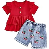 RSRZRCJ Infant Toddler Baby Girl Summer Outfit Ruffle Short Sleeve T-Shirt Dress Top Cherry Embroidery Shorts Set