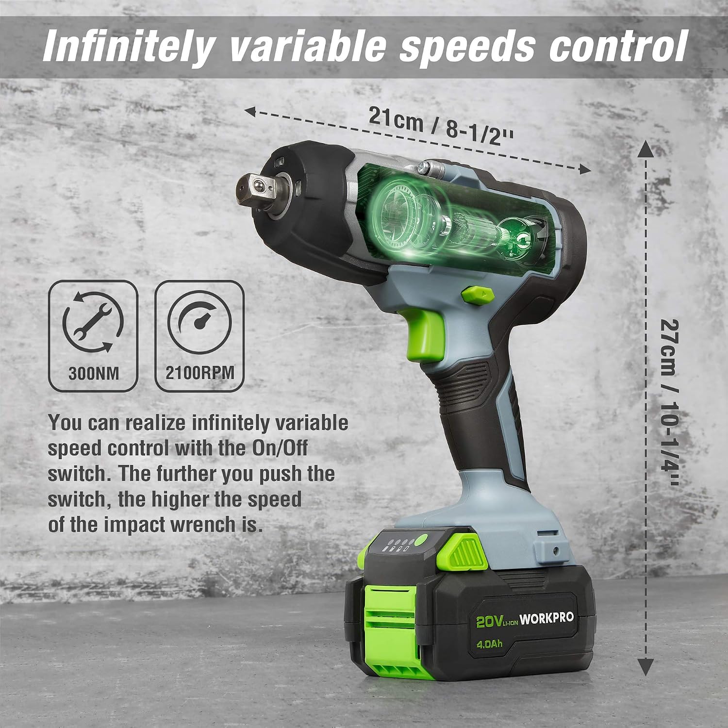 WORKPRO Cordless Impact Wrench Lightweight 20 V / 18 V, 4.0 Ah Li-ion Battery (Fast Charger), 1/2” Chuck - Image 5