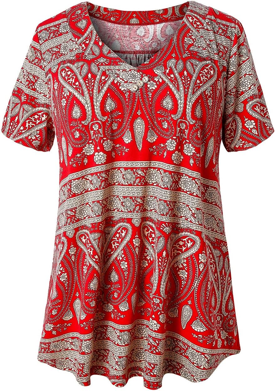 Plus Size Short Sleeve V Neck Floral Tunic Tops M-4XL