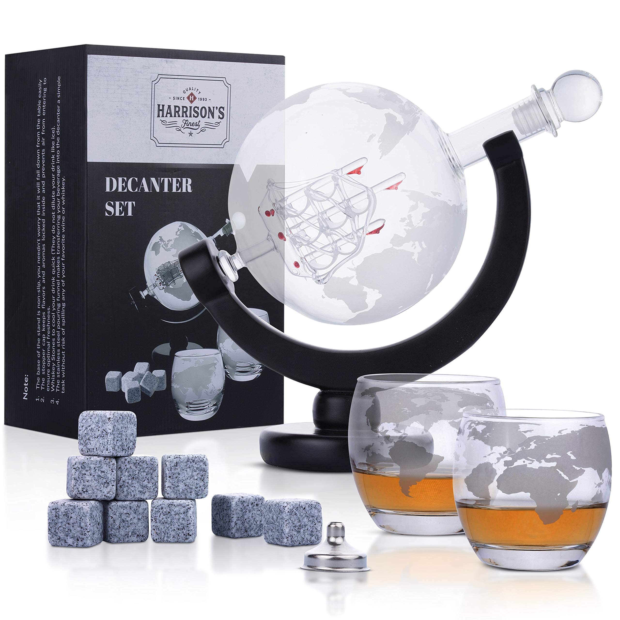 Harrisons Finest Glass Whiskey Decanter Set - 850ml Globe Shaped Decanter with Glass Stopper, 2 Engraved Globe Glasses, Steel Pourer Funnel and 9 Whiskey Stones