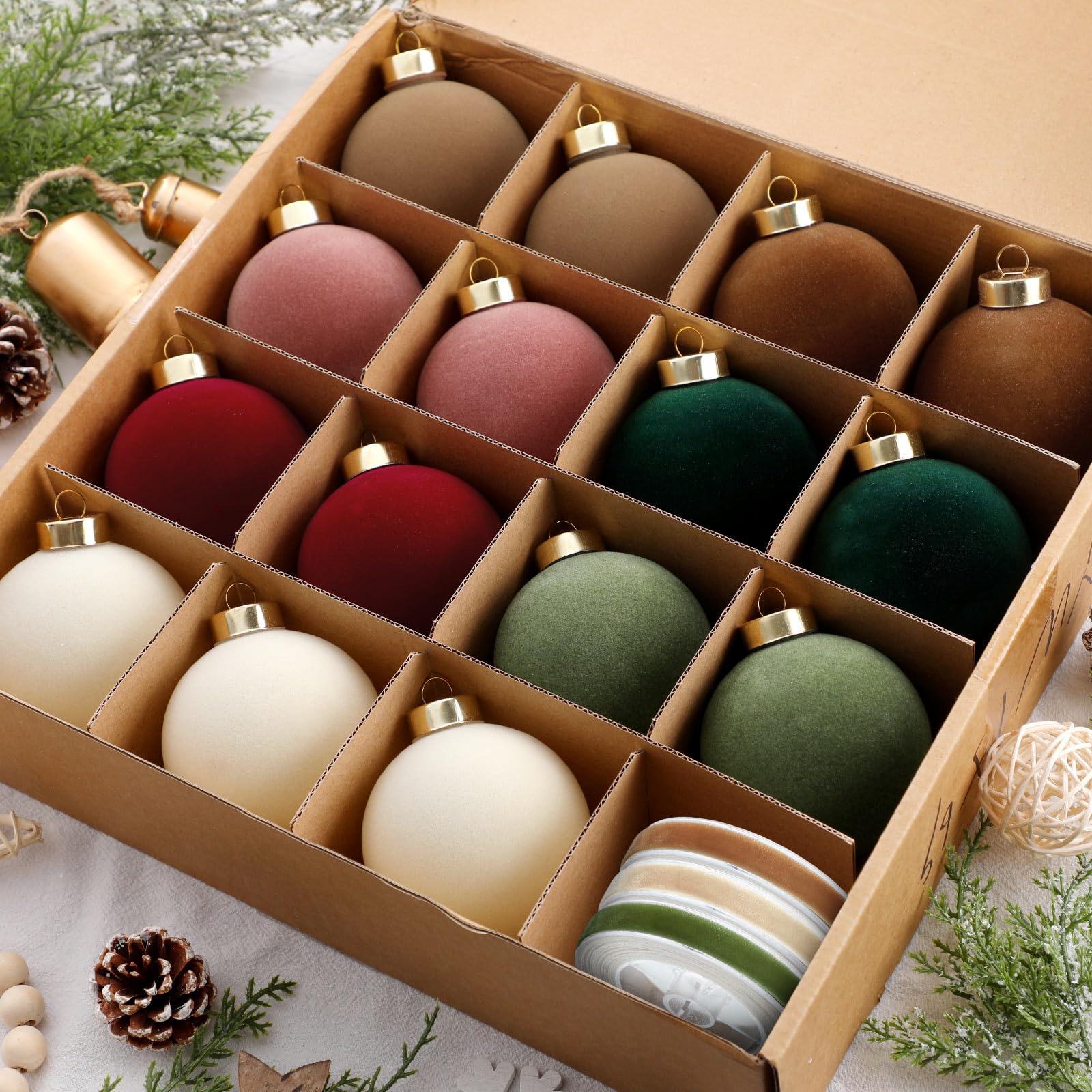 Photo 1 of Simgoing 15 Pcs Velvet Christmas Ball Ornaments 3.15 Inch Flocked Christmas Tree Decorations with 10 Yards Velvet Ribbon Red Green Brown Pink Cream Shatterproof Xmas Baubles for Tree Holiday Decor