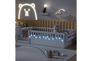 OYUMOENTS Twin Size Montessori Bed, Wood Twin Montessori Floor Bed with High Rails & Storage Shelf, Baby Floor Beds with LED Light for Boys & Girls, White