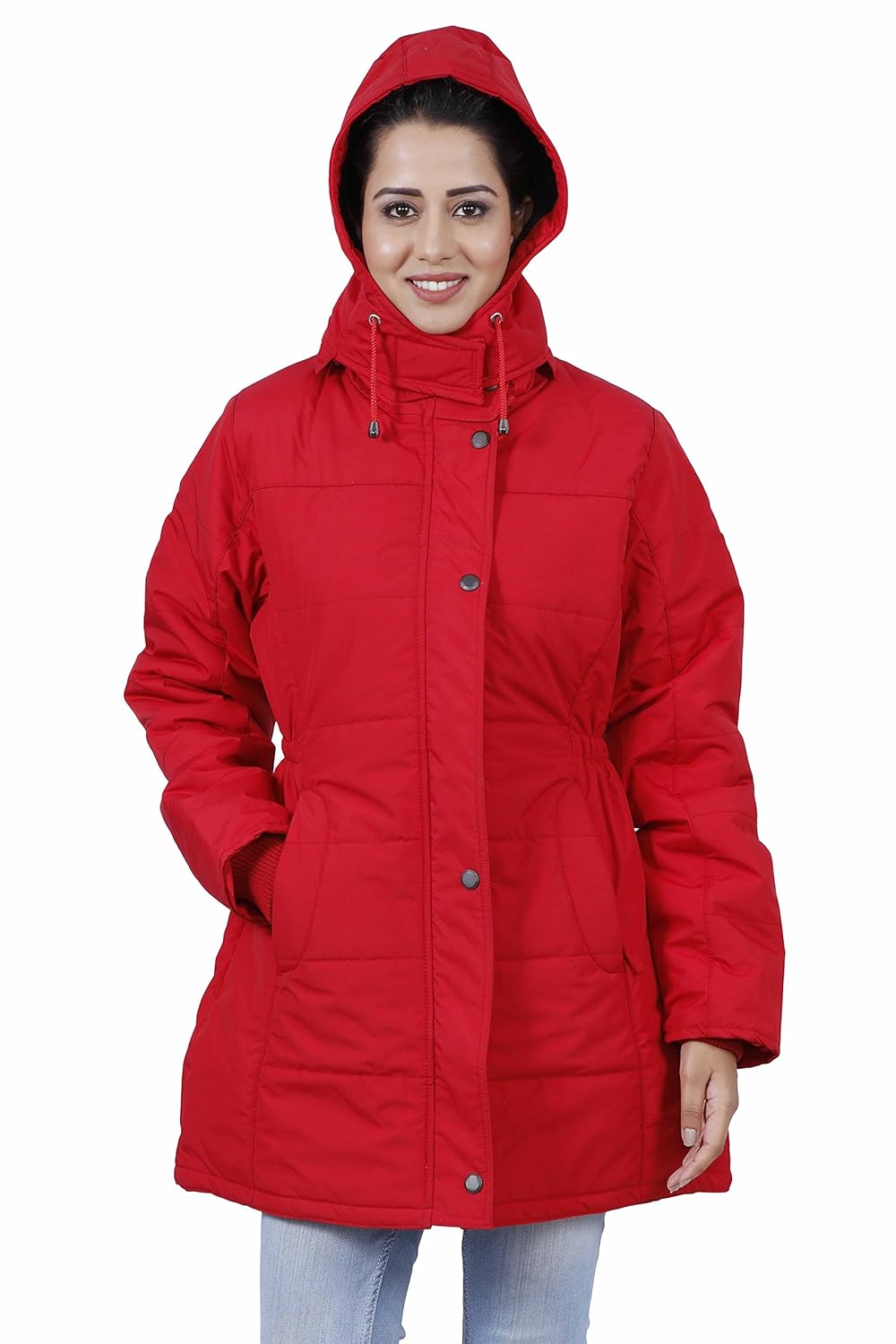 hiver women's nylon red full-sleeved winter jacket with hood