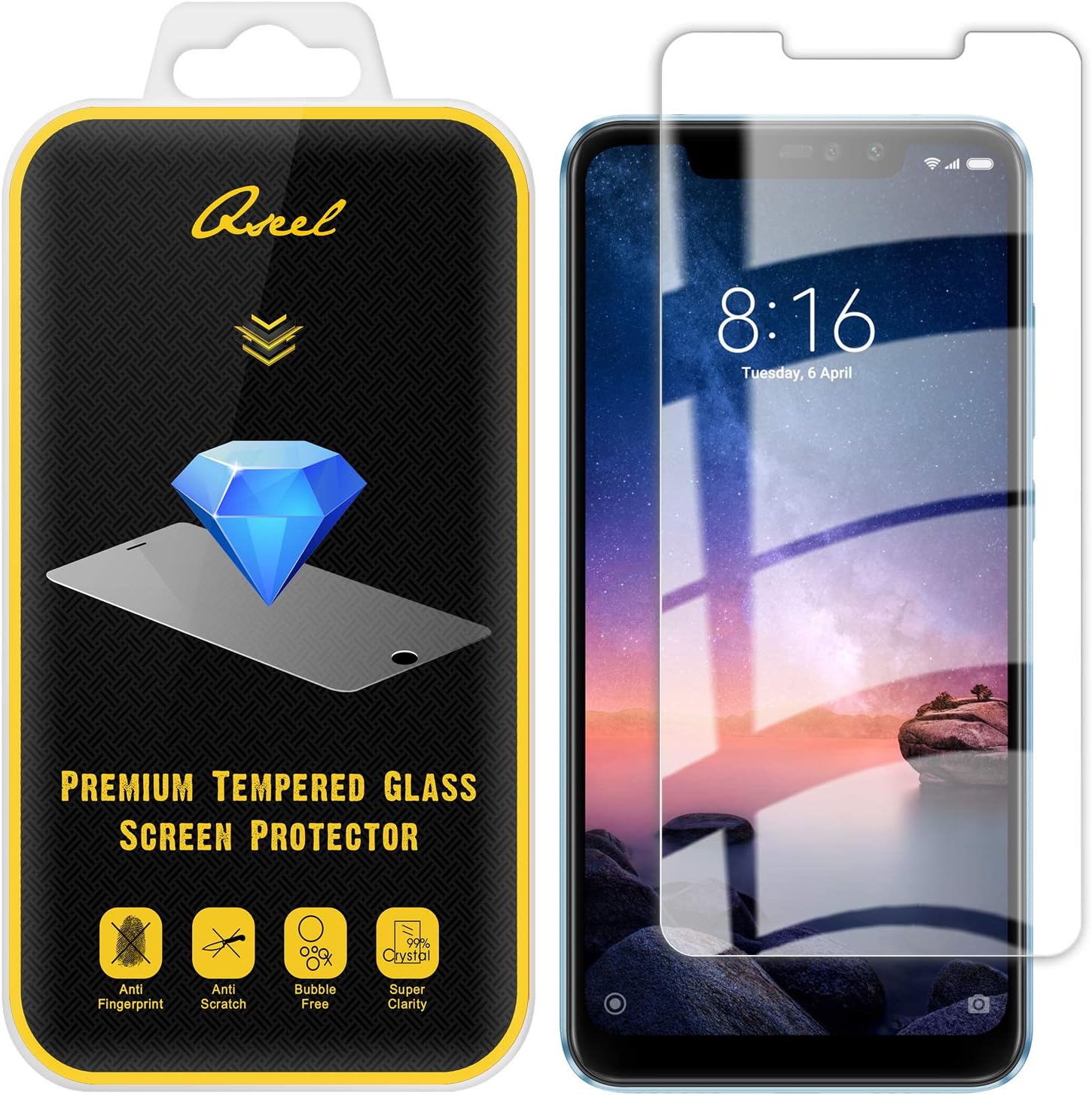 [2-Pack] QSEEL for Xiaomi (Redmi Note 6 Pro) Tempered Glass Screen Protector, 9H Anti-Scratch Screen Guard Film with Arc Edge & Oleophobic Coating, 3D Touch Compatible (Redmi Note 6 Pro, Clear)
