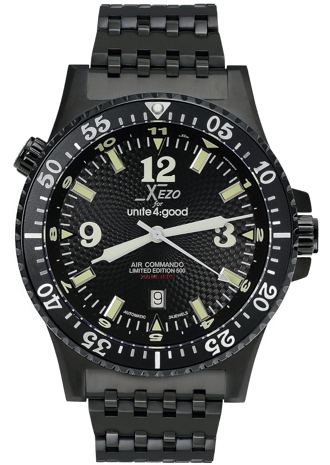 Xezo Men’s Air Commando D45 BL Japanese Automatic Diver’s Pilots Watch. 2nd Time Zone. 200M WR. Black PVD Titanium Carbide Coated