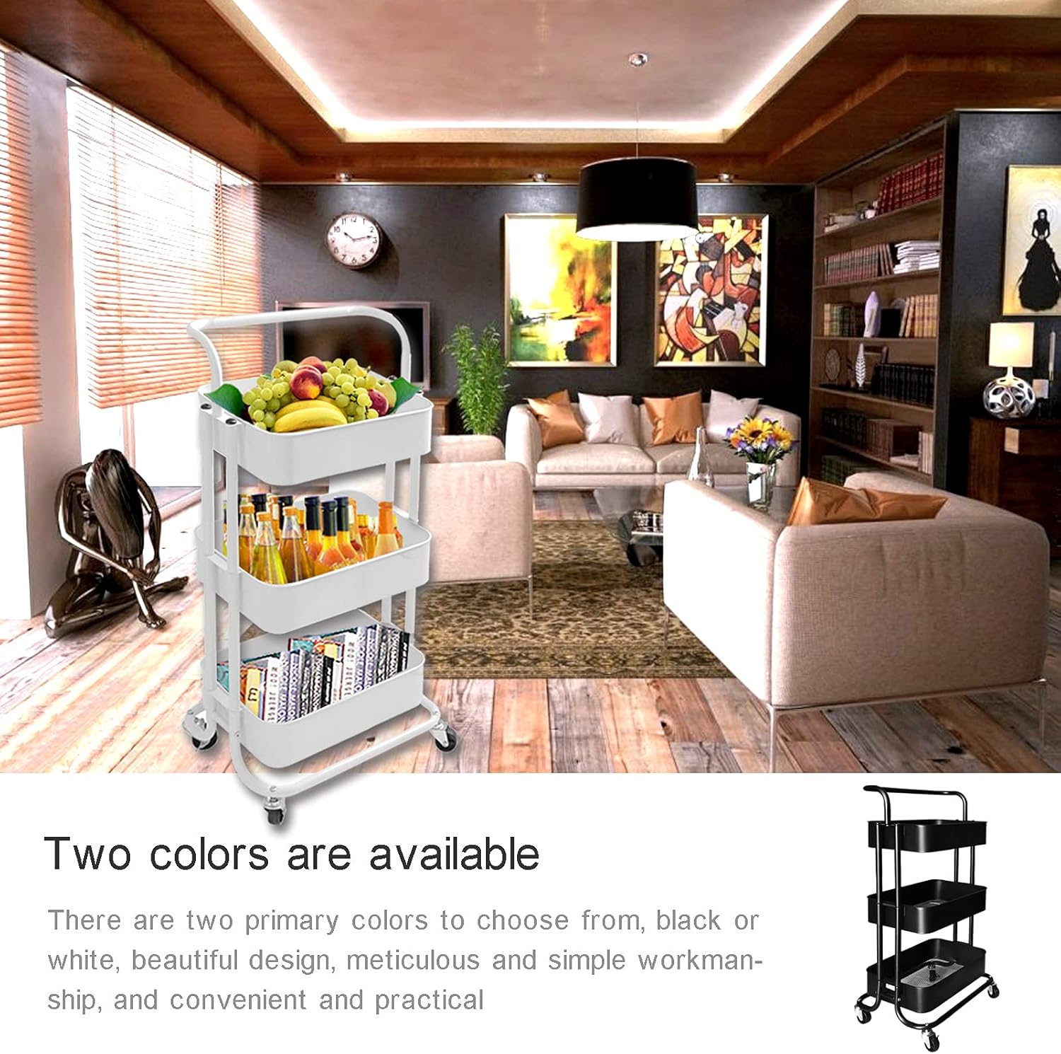DOSURBAN 3 Tier Rolling Utility Cart with Wheels, Multifunctional Metal Storage Organizer Shelves with Mesh Baskets and Handle, Rolling Trolley Service Cart for Salon, Kitchen, Office, Bathroom: Kitchen & Dining