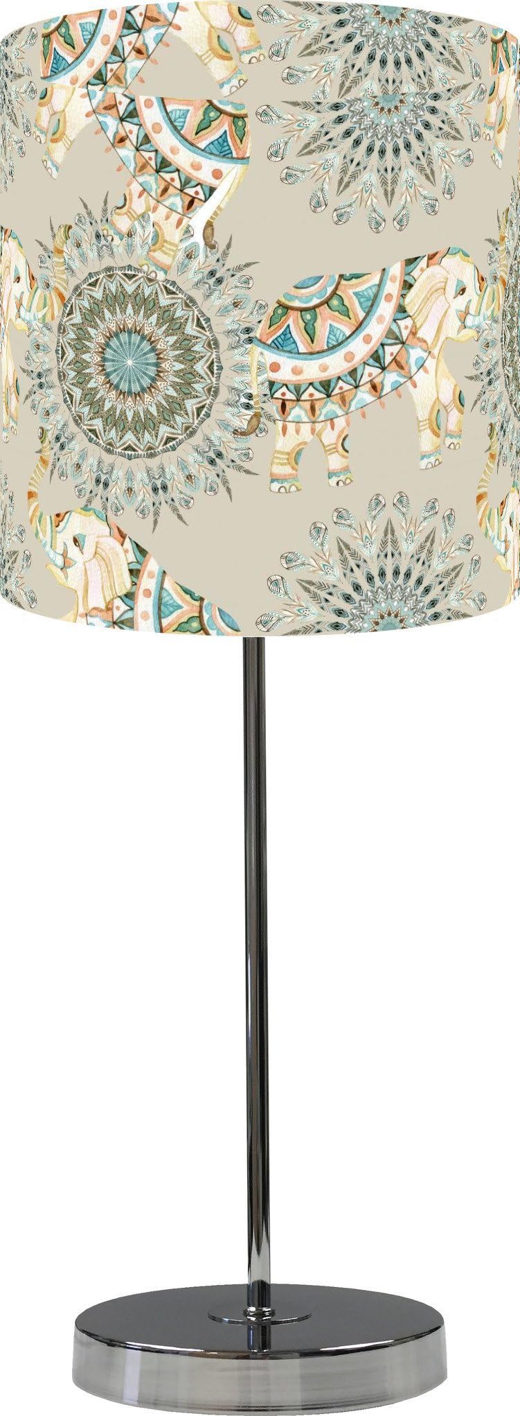 LampPix 10 Inch Custom Printed Table Desk Lamp Shade Bohemian Elephants Beige. Includes Decorative Chrome 15 Inch Stand