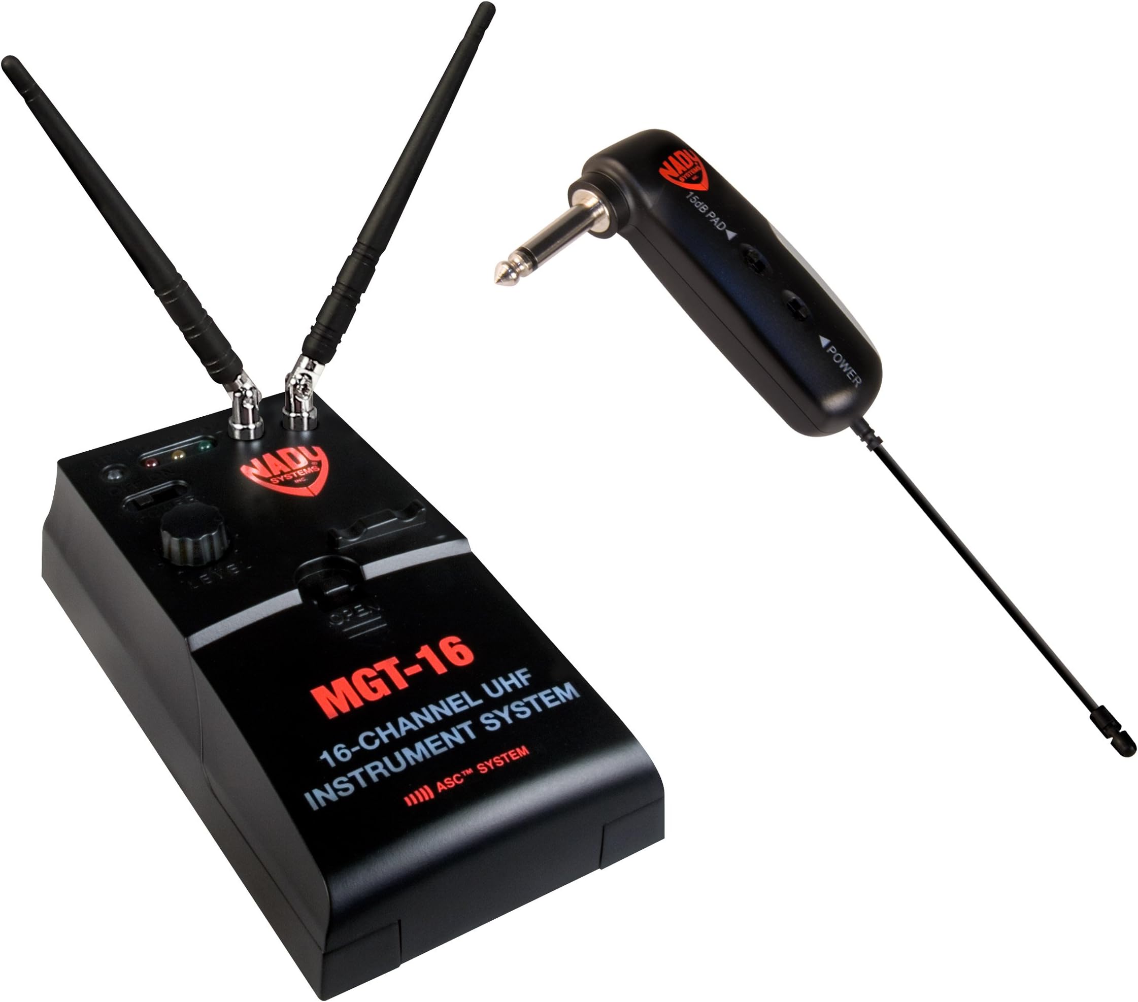 Nady MGT-16R Miniature wireless instrument system (guitars, basses & violin) –– Stompbox style receiver with 16 user selectable UHF frequencies -Right Angled transmitter for surface mounted jacks only