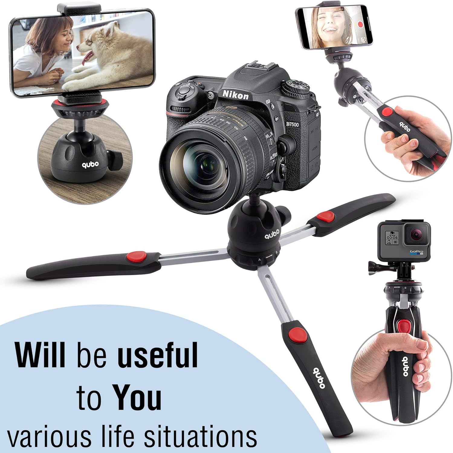 qubo Mini Tripod Camera Holder - Premium Tabletop Small Phone Tripod Mount for GoPro iPhone / Cell Phones Webcam Projector Compact DSLR - Hand Desktop Camera Tripod Stand Table : Camera & Photo