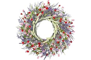 LZNPA 26 Inch Lavender Wreath Summer Spring Wreaths for Front Door Wreaths for Front Door for Wedding Farmhouse (Red Pink Lavender)