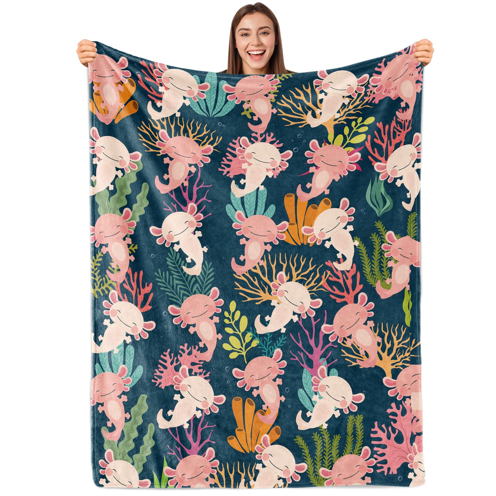 Sowide Axolotl Blanket Gift for Adults and Kids Family Animal Axolotl Blanket Super Soft Plush Flannel Throw Blanket for Couch Bed Sofa 50/inchesx60/inches Blue Pink