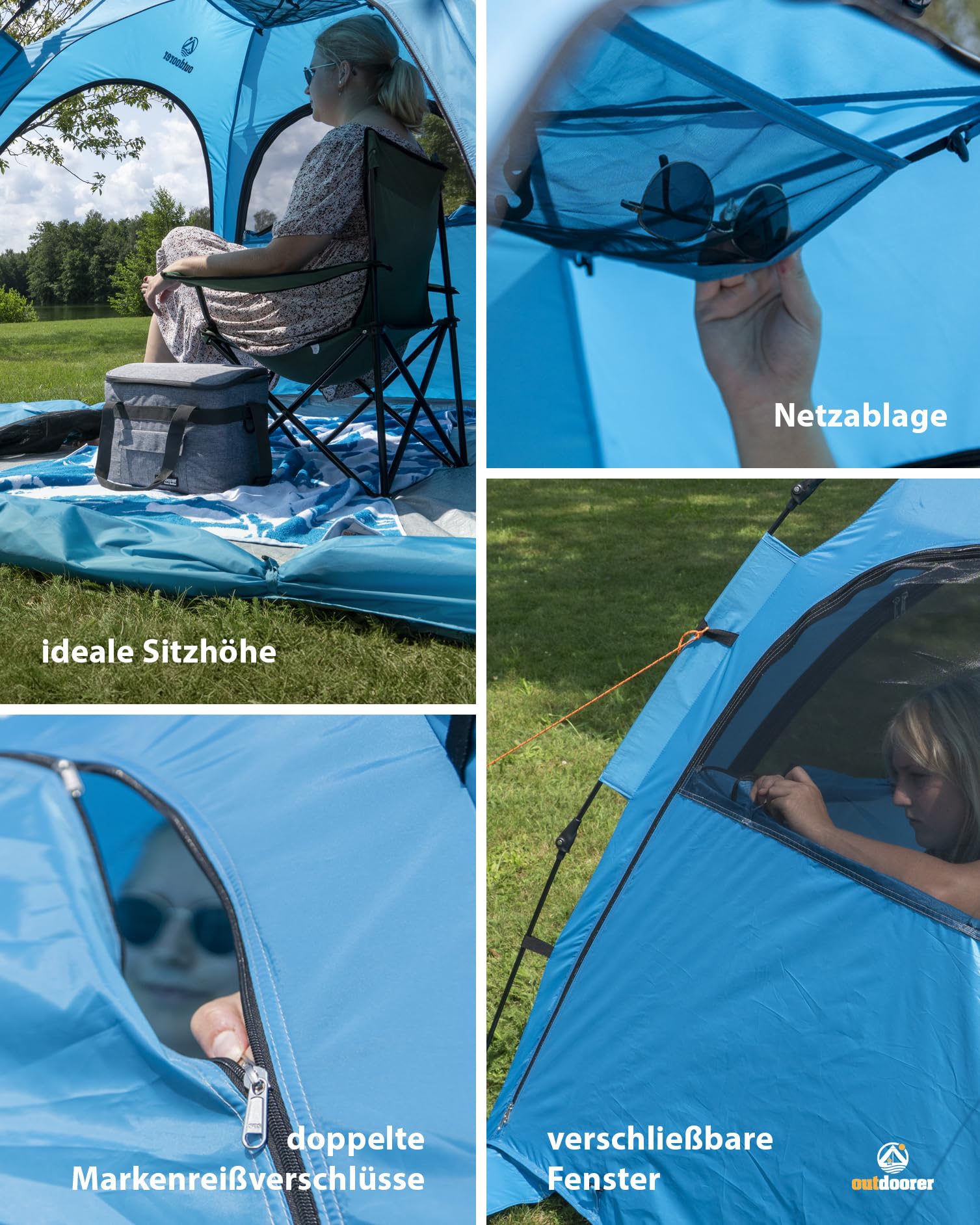 outdoorer Sun Snapper Air - UV 80 Quick-up-Strandmuschel mit 4 Türen und 3 Fenster, Schnellaufbau BZW. Automatik-Strandzelt, verschließbar, mit UV-Schutz 80, Sichtschutz und Insektenschutz 8