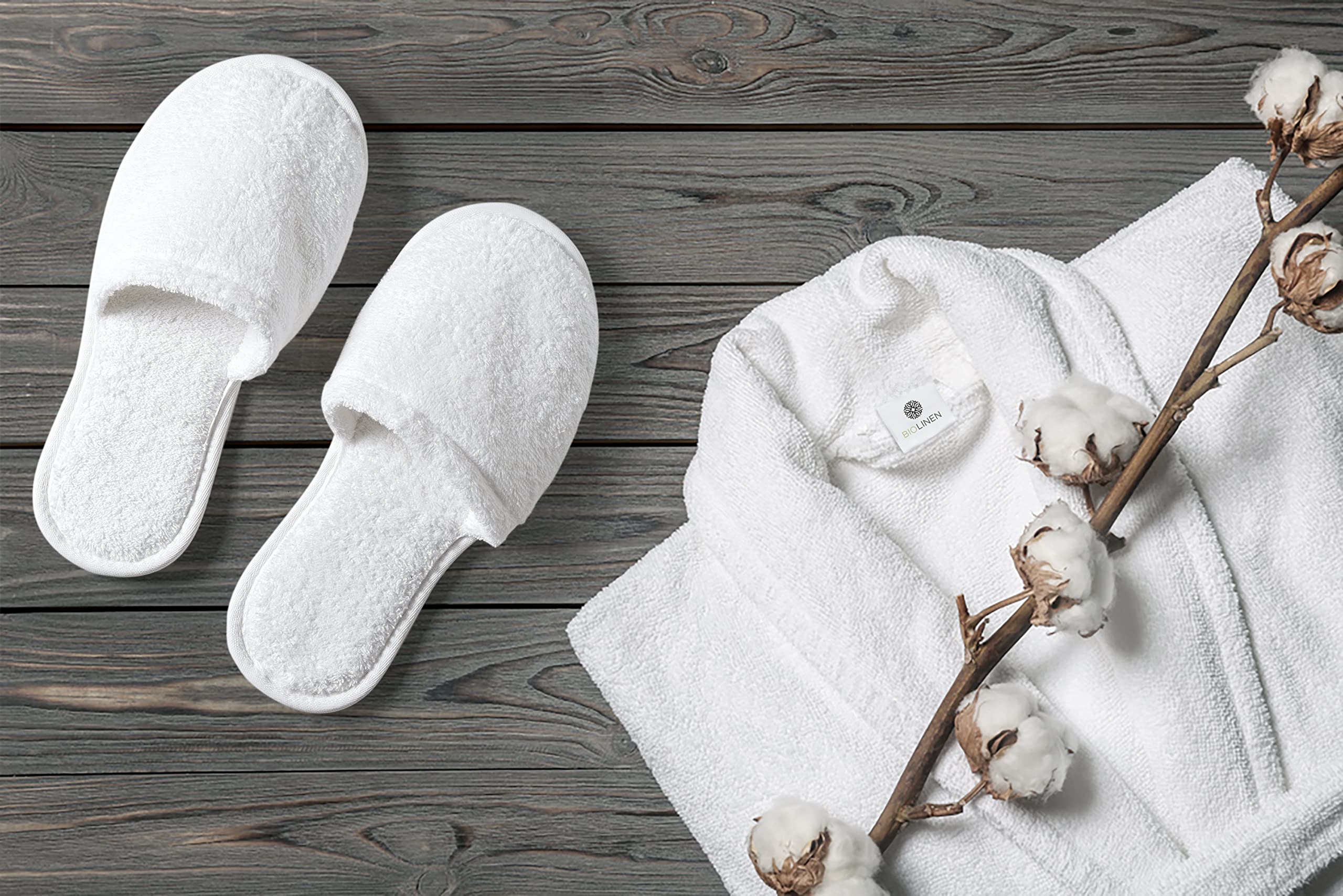 BIOLINEN 100% Cotton Terry Shawl Collar Bathrobe with Slippers – One Robe, Plush Spa Robe for Men & Women, Unisex One Size, White