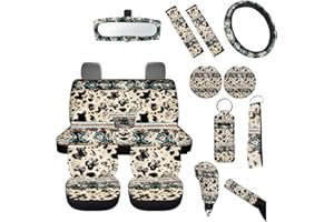 FUIBENG Western Aztec Cow Automotive Seat Cover Full Set Car Protection Accessory,Comfy Elastic Front Rear Bench Seat Covers for Most Vehicle,Steering Wheel Cover,Keychain,Coaster,Mirror Covers