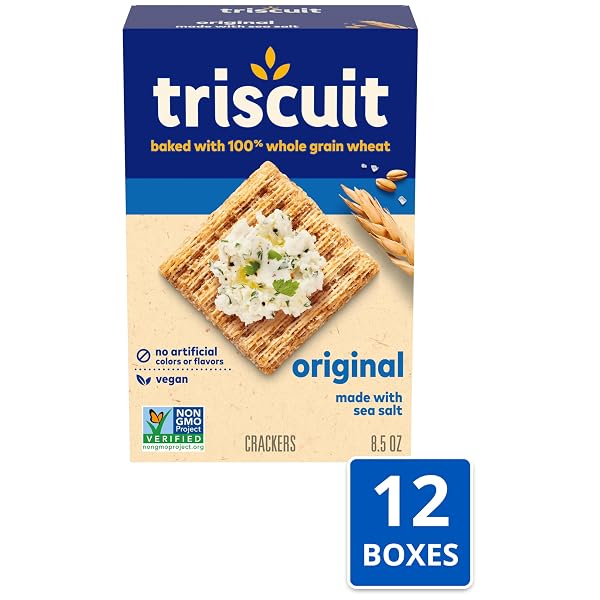 TRISCUIT ORIGINAL WHOLE GRAIN WHEAT CRACKERS, VEGAN CRACKERS, HEALTHY SNACKS, BULK LUNCH SNACKS, 12 – 8.5 OZ BOXES