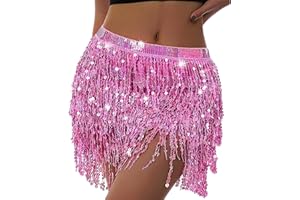 BLESKY Sequin Skirt Boho Sequin Tassel Hip Scarf Sparkly Skirts Belly Dance Skirt Glitter Skirt Rave Sparkle Skirt for Women Girls