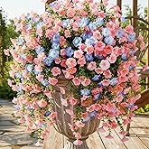 Artificial Hanging Flowers Fake Plants for Outdoors Decor 2 Pack Faux Silk Morning Glory with Eucalyptus UV Resistant for Outside Home Indoor Planter Porch Patio Balcony Yard Decor (Pink & Blue)