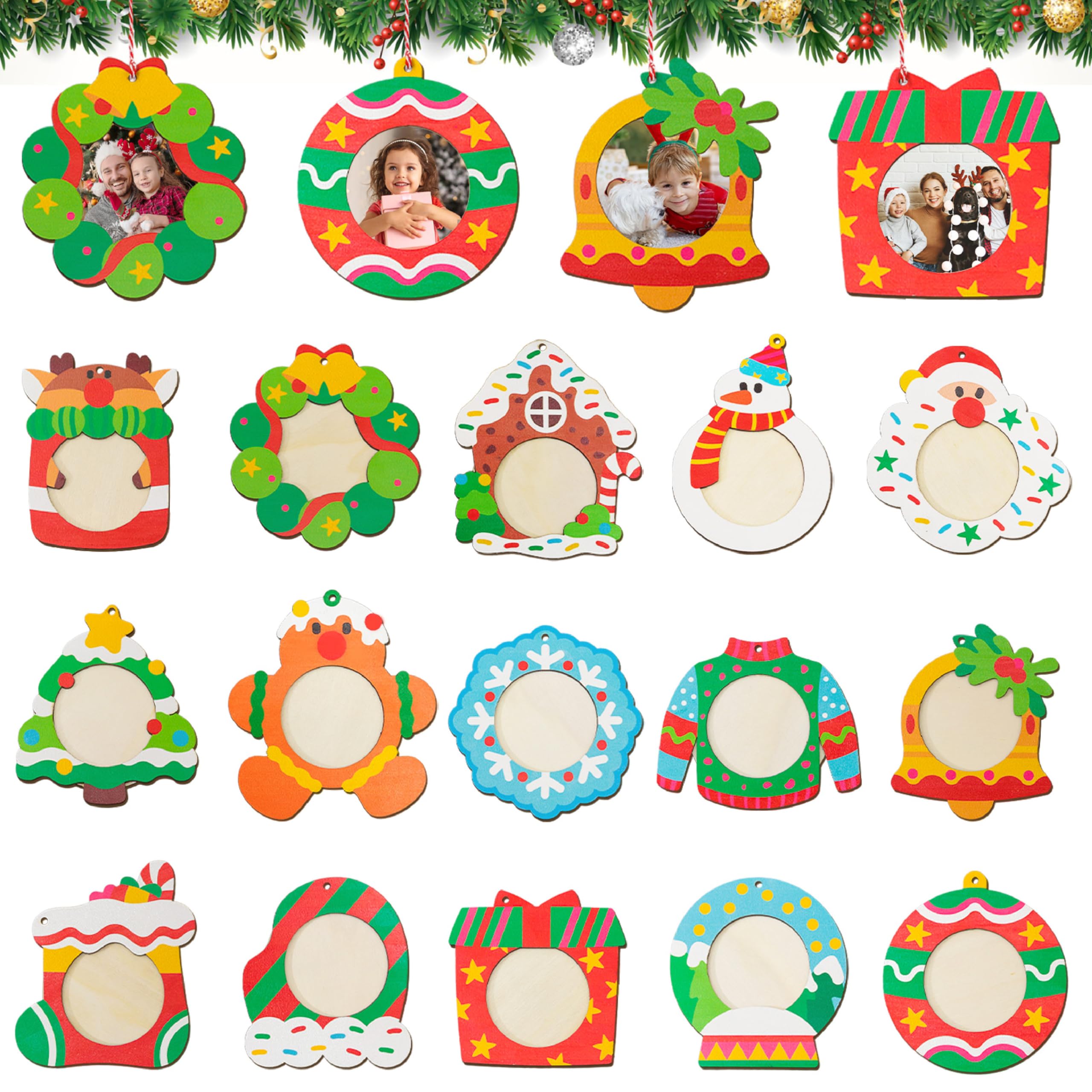 Photo 1 of 30PCS Christmas Picture Frame Ornaments, 15 Styles Wooden Photo Frame Ornaments with Strings, Printed Hanging Ornaments for Christmas Tree, Party Decor