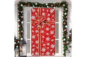 Fairooth Christmas Door Cover Christmas Red Gift Box Door Banner Snowflake Door Hanging Cover Christmas Photography Backdrop Decoration for Xmas New Year Party Indoor Outdoor Decor, 70.9 x 35.4 Inch