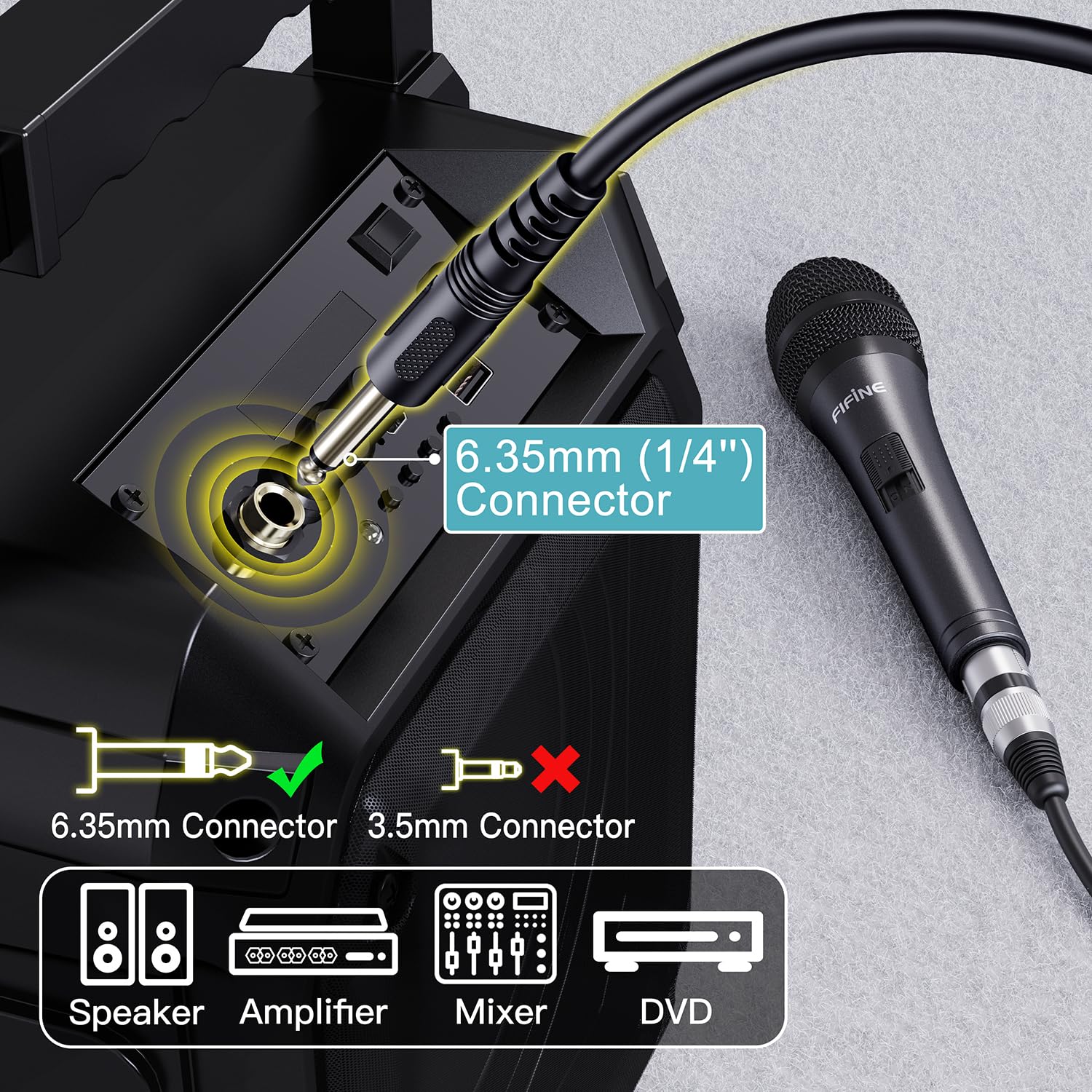 Fifine Karaoke Microphone, Dynamic Vocal Microphone for Speaker, 6.35MM Wired Handheld Mic with On and Off Switch and 14.8ft Detachable Cable-K6