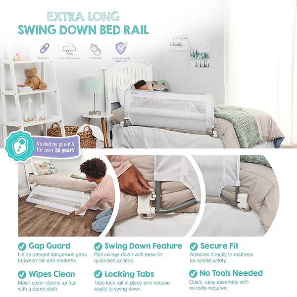 REGALO SAFETY 54” EXTRA LONG BED RAIL GUARD FOR TODDLERS, SWING DOWN TODDLER BED RAIL WITH REINFORCED ANCHOR SAFETY SYSTEM, 20” TALL BED SAFETY RAIL, FITS TWIN, FULL & QUEEN BEDS
