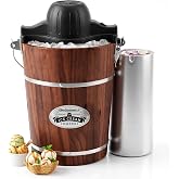Elite Gourmet EIM949 6Qt Old Fashioned Walnut Wood Bucket Ice Cream Maker | Appalachian-style design uses ice and rock salt to churn classic homemade ice cream for gatherings and family dessert night