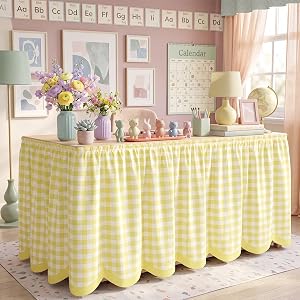 Breling Teacher Desk Skirts 9 ft Checkered Table Skirt Yellow Scalloped Ruffled Table Skirt Back to School Supplies for Class