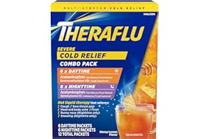 Theraflu Combo Daytime and Nighttime Severe Cold Relief Powder, Honey Lemon Flavor, 12 Count, 6 Daytime + 6 Nighttime