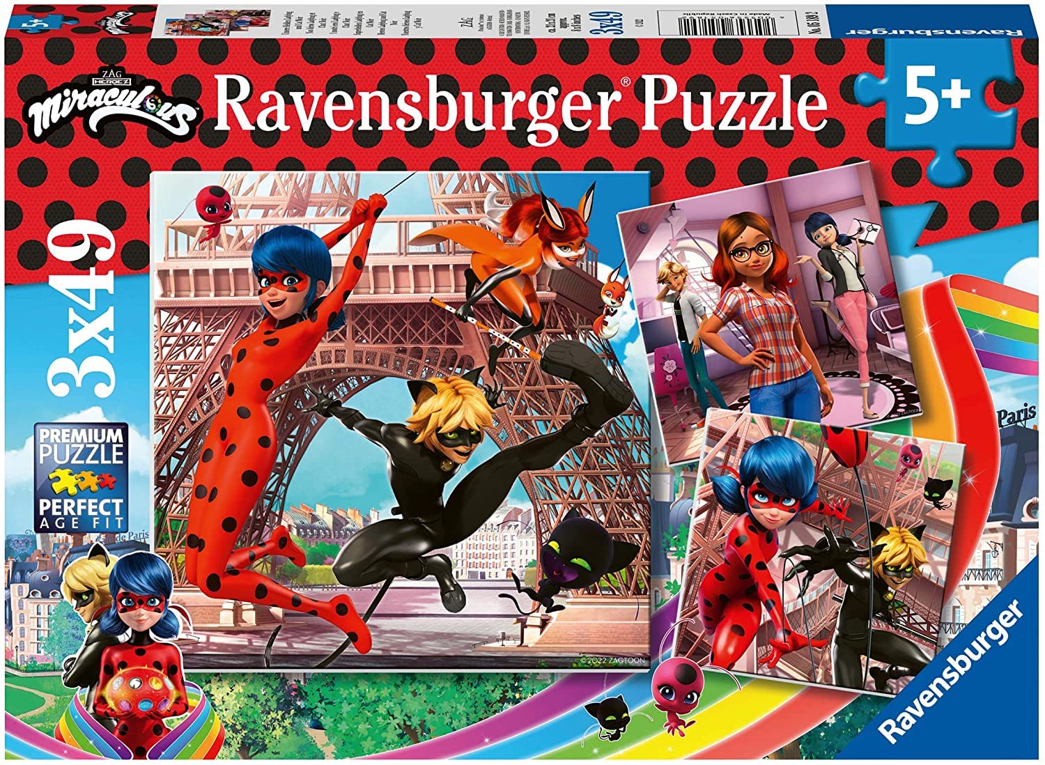 Ravensburger Miraculous: Tales of Ladybug & Cat Noir 3 x 49 Piece Jigsaw Puzzles for Kids Age 5 Years Up