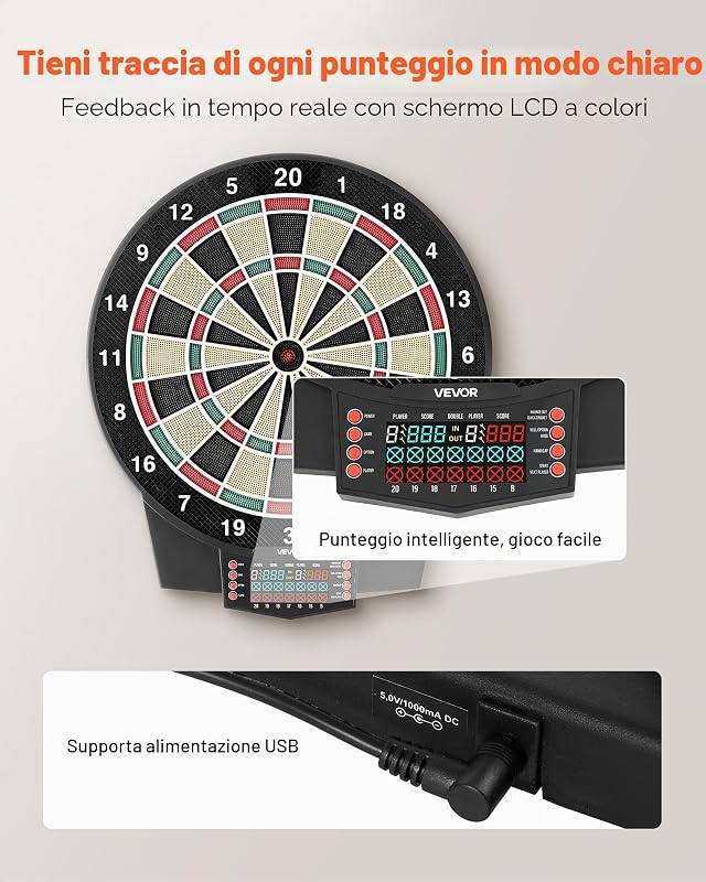 Bersaglio Elettronico per Freccette, Bersaglio 391 mm con 43 Giochi e 320 Varianti per un Massimo di 8 Giocatori, 6 Aste per Freccette con Alette e 50 Punte Morbide, Schermo LED a Colori